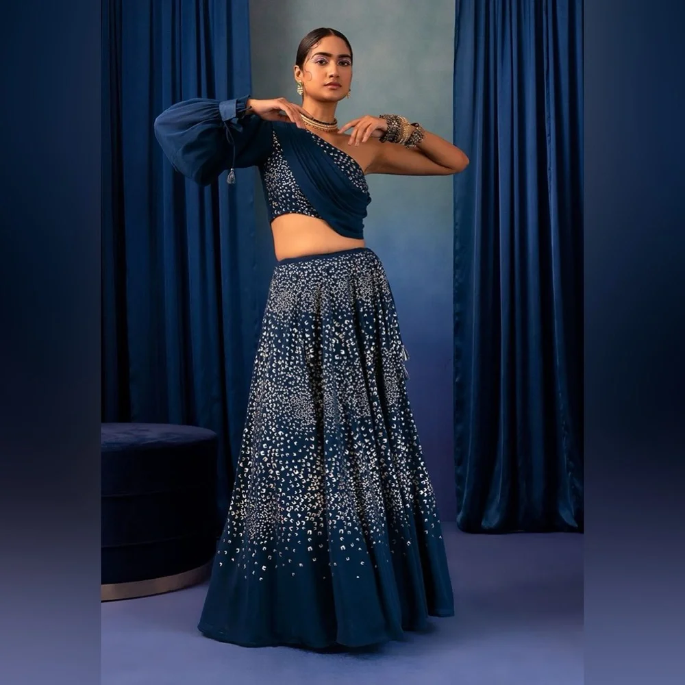 Teal Foil Print Lehenga & One Shoulder Blouse With Attached Drape — Size Medium - Picture 2 of 15